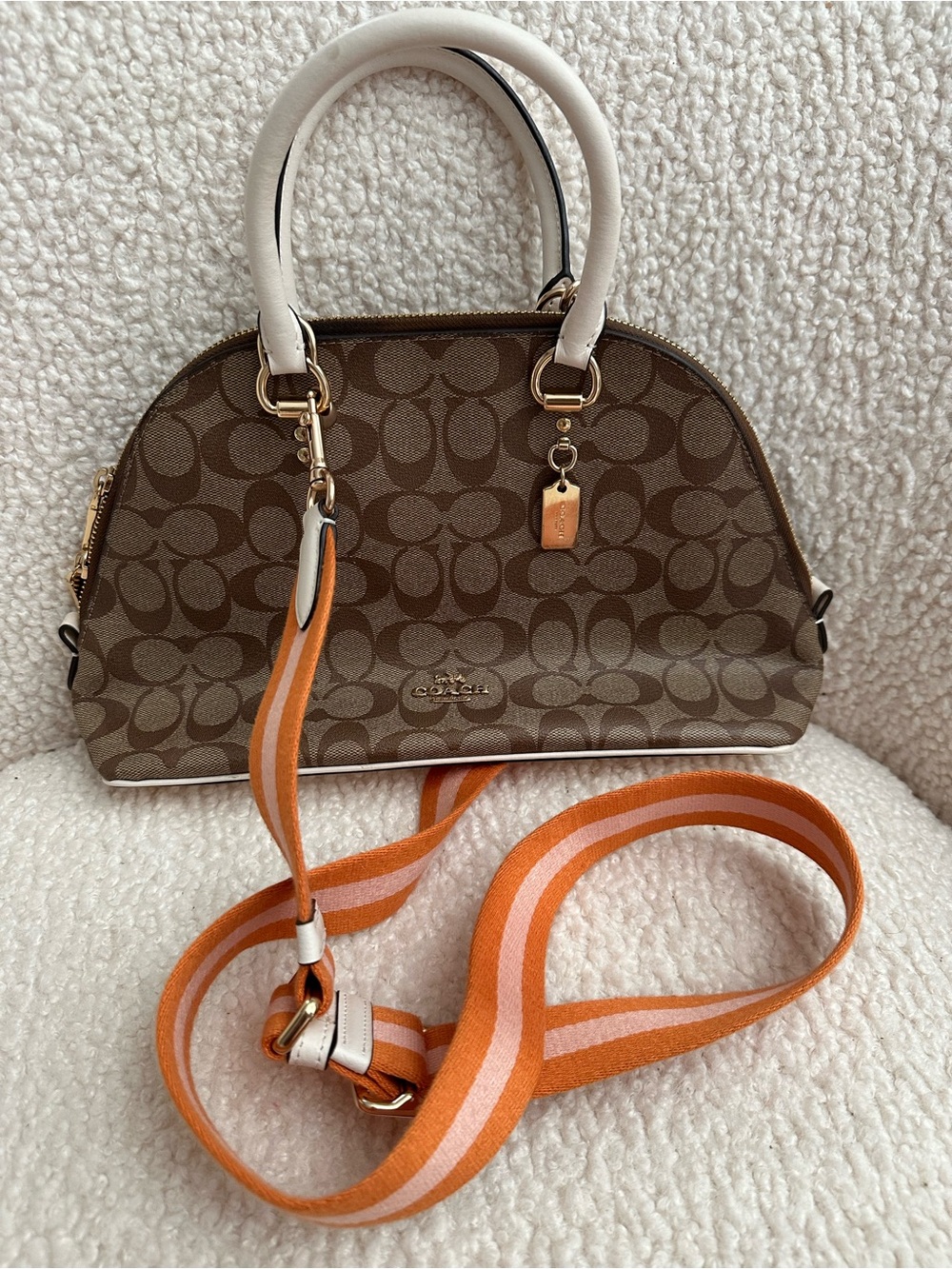 Coach Brown Signature Dome Satchel with Cream Handles and Orange Strap